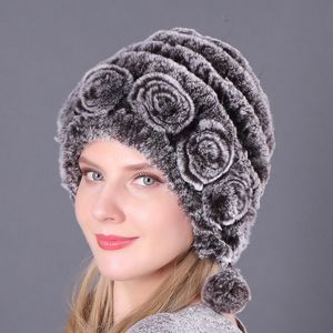 Frauen Pelzmütze Für Winter Natürliche Rex Kaninchen Kappe Russische Weibliche Pelz Kopfbedeckungen Outdoor ohr Warme Blumen Ohrenschützer Mützen Caps