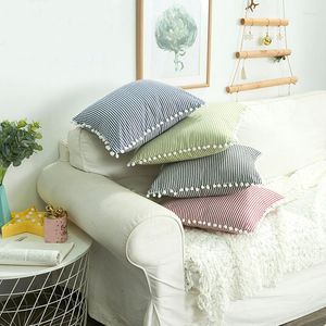 Kissen mit Nadelstreifen-Pompons, dekorativer Bezug, rosa-blauer Streifen-Kissenbezug, moderner nordischer geometrischer Couch-Sofa-Überwurf