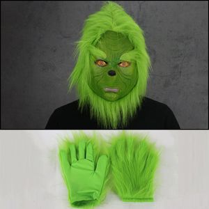 Temat kostym jul nörd stal grön monster cosplay mask latex s med röd hatt full huvud rekvisita 221202