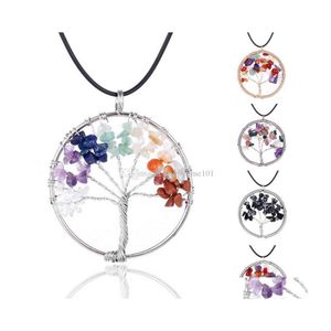 Pendant Necklaces Fashion Tree Of Life Necklaces Rainbow 7 Chakra Natural Stone Quartz Wisdom Pendant Black Rope Chains For Women Je Dhpck