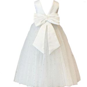 Vestidos de menina Flor Girls Lace Pearl Princess Dress Dress para Casamentos Crianças de baile de baile de baile com nó de arco