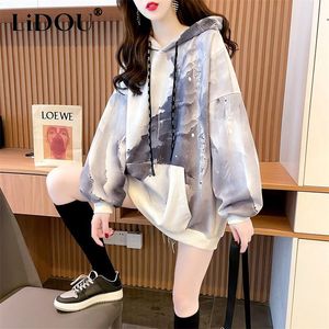 Kvinnorjackor Autumn Winter Vintage Ink Tie Dye Print Loose Casual Hoodies Top Women Hipster Fashion Jumper Korean Style Streetwear Pullover 221201