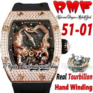 RMF YS51-01 MENS Titta på Real Tourbillon Hand Winding 3D Gold Dragon Tiger Totem Dial Rose Gold Diamonds Case