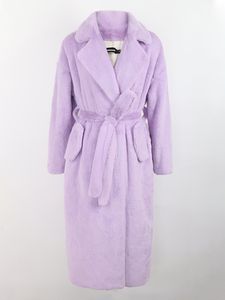 여자 모피 가짜 nerazzurri 가을 겨울 긴 느슨한 캐주얼 파란색 보라색 소프트 라이트 토끼 코트 여성 벨트 세련된 한국 패션 221202