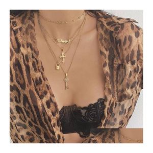 Pendant Necklaces Fashion Gold Mtilayer Key Lock Cross English Letter Pendant Necklace Set Babygirl Necklaces For Women Drop Deliver Dhmru