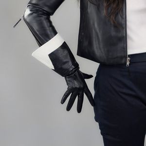 Fingerless Gloves Real Leather Gloves Female Touchscreen 38cm Big Sleeve Wide Cuffs Black White Two Tones Unisex Sheepskin Gloves Women WZP65 221203