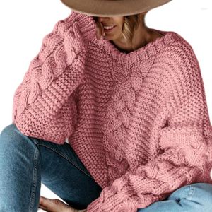 Kobiety swetry kobiety Winter V-Neck Sweeter Chunky Plekoczony kabel dzianin pullover top 2022 dama długie rękaw stały kolor swobodny luźny sweter