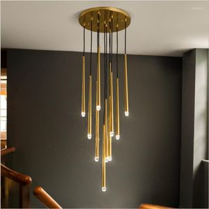 Pendant Lamps Black Staircase Chandelier Modern Luxury Crystal LED Duplex Floor Living Room Rotating Hanging Light Indoor Fixtures