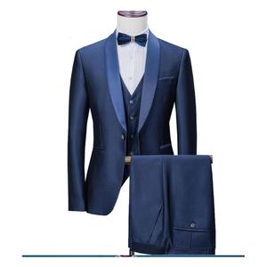 Abiti da uomo Blazer Blu scuro Uomo 3 pezzi Giacca da lavoro formale Smoking Scialle Risvolto per matrimonio Sposo Giacca da uomo Gilet Pantaloni 221201