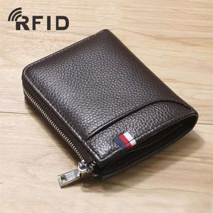 RFID beschermde echte lederen heren Zipper Designer Wallets mannelijke mode koe lederen munt nul kaart portemonnees zwarte koffiekleur no11328t