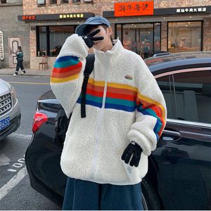 Men's Down Parkas Autumn and winter lamb wool cotton coat boy Hong Kong style loose rainbow stitching brand handsome casual allmatch coat 221202