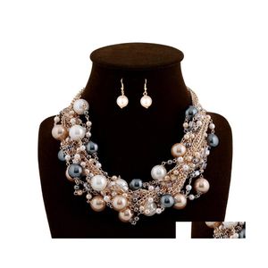 Earrings Necklace Europe Party Casual Jewelry Set Womens Exaggerated Mixed Color Pearl Beads Necklace Short Earrings Drop Delivery Dhxlt