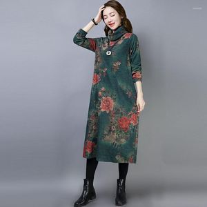 Casual Dresses 2022 Autumn Winter Women Dress Vintage Loose Thick Wollen Printing Long Vestidos Robe Bottoming