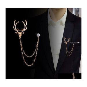 Pins Brooches Korean British Style Elk Brooch Suit Double Layer Tassel Chain Lapel Pin Angle Wings Badge Retro Female Cor Men Acces Dhnrb