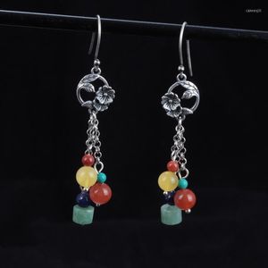 Серьги Retro Ethnic 925 Серебряная длинная кисточка Женщины Красный Агат Пчелиной Вокс Lapis Lazuli Jade Beads Drop Jewelry EH172