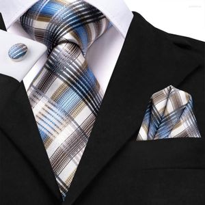 Bow Ties Blue Brown Plaid Silk Wedding Tie For Men Gift Mens Slitte Handky Cufflink Set Fashion Business Party Dropship Hi-Tie Designer