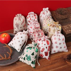 Gift Wrap 50pcs 10x14cm 13x18cm Cotton linen Christmas bronzing printing Drawstring Bag Holiday gifts packaging jewelry storage bag 221202
