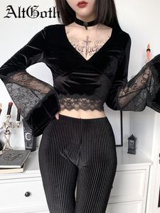 Women's T Shirt AltGoth Dark Goth Long Sleeve Tshirt Women Sexy Lace Patchwork Flare V neck Short Tee Tops Streetwear Black Bottom 221202