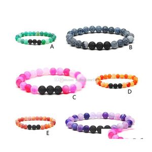 Charm-Armbänder 6 Farben Verwitterung Colorf Achat Drei 8 mm schwarze Lavasteinperlen Armband ätherisches Öl pro Diffusor Armbänder Yoga Dhbhb