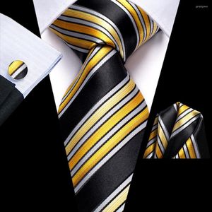 Bow Ties Striped Yellow Black Silk Wedding Tie For Men Handky Cufflink Gift Necktie Fashion Business Party Dropship Hi-Tie Designer