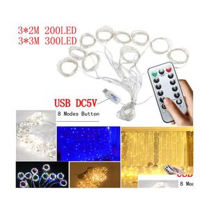 LED Strings USB LED String Lights DC5V 3X 3X2M Pencere Perde Uzaktan Kumanda Döküm Bakır Tel Noel Işığı Düğün Partisi Daml OTLSJ