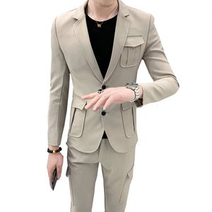 メンズスーツブレザーマルチポケットツイードブリティッシュスタイルの男性スリムフィットウェディング2pcsセット紳士カジュアルレトロメンジャケットパンツ221202
