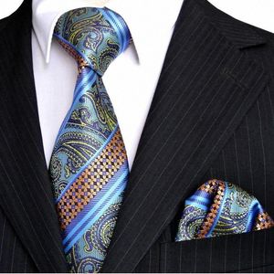 e3 Stripes Paisley Multicolor Blue Dark Turquoise Orange Mens Ties Set Neckties Pocket Square Silk Jacquard Woven302I XS