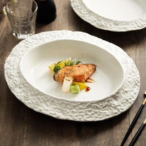 Plates Household Ceramic Irregular White Plate Vegetable Oval Deep El Western Fruit Salad Snack