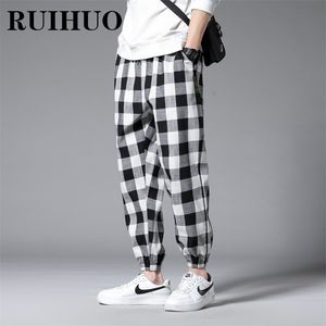 Men's Pants RUIHUO Ankle-Length Plaid Harem Clothing Joggers Trousers Japanese Fashion Grey Sweatpants M-3XL 221202
