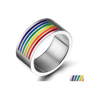 Band Rings Stainless Steel Sixcolor Rainbow Ring Gay Pride Comrades Les Homosexual Jewelry For Women Men Valentines Day Drop Delivery Dhsjv