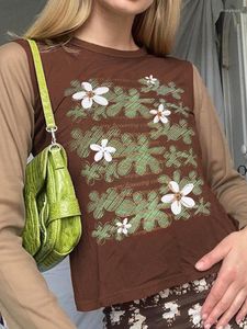 女性のTシャツ花柄y2kパッチワークトップグランジ美学のかわいいTシャツ女性カジュアルoネック長袖コントラストトップゴスティー2022