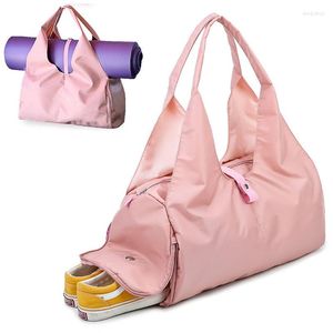 Outdoor Bags PINK Sports Gym Women Training Fitness Handbag Yoga Mat Sport Bag With Shoes Compartment Waterproof