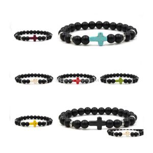 Bracelets de charme moda unissex Natural Stone Cross Men Bracelet Work Hand Work Black Onyx Bracelets Matte Misos Jóias Drop Delivery Dhjyk