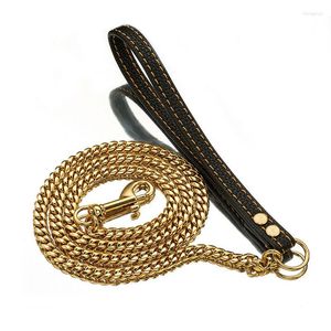 Hundkrage tungt guldton rostfritt stål Curb Cuban Link Chain koppel med slät läderhandtag 3ft 4ft 5ft för S M L Dogs