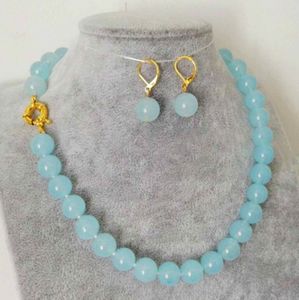 Charming Jewellery 10mm Natural Light Blue Jade Round Gemstone Beads Necklace Earrings Set 18''