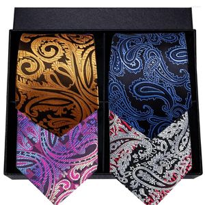 Bow Ties Hi-Tie Gold Lüks Paisley Erkekler Kravat Seti Donanma Mor İpek Kravat 8.5cm Erkek Mendil Kumbaşları Düğün