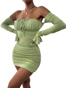 Women Party Dresses Sexy Off Shoulder Ruched Bodycon Mini Dress Flounce Long Sleeve Tie Front Short Pencil Dresses