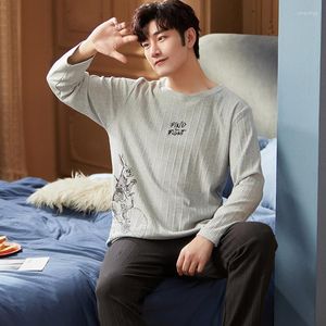 Pijamas de moda coreana de roupas de sono masculinas para homem de algodão para casa de algodão Long Sleeping Top calça 2 peças de lazer