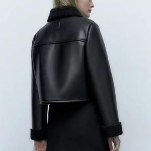 Kvinnors läder anpassade jacka damer vinter svart dubbelsidig kort faux läderjacka