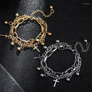 Bağlantı bilezikler paslanmaz çelik çift katmanlı çapraz kolye bilezik kadınlar için trend olan punk metal zincir mücevher hediyesi