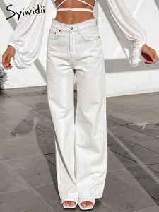 Women's Jeans Syiwidii White For Women Vintage Streetwear Wide Leg High Waisted Full Length Denim Pants 2022 Spring Summer Fashion on Sale