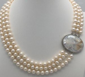 チェーンジュエリー本物の3列7-8mm淡水真珠のネックレスカメオクラスプ