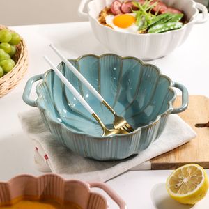 Sopplager Krukor Hushåll med dubbla öron Ceramic Bowl 2Size Söta japanska bordsartiklar stort kapacitet Kök med handtag LE260 221203