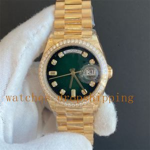 Super Mens Womens Watch 36mm quadrante verde oro 18 carati lunetta con diamanti Daydate Montre De Luxe Asia movimento meccanico automatico orologio da polso di design di lusso