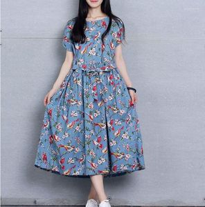 Party Dresses 2022 Autumn Fashion Women Clothing Casual Loose Oversize Dress Thin Blue Linen Printed Short-sleeved Vintage Female