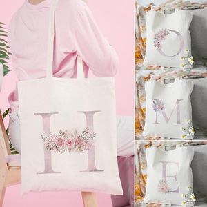Storage Bags 26 English Alphabet Women Shoulder Tote Bag Pink Flowers Female Casual Shopping Pouch Large Capacity Handbag Friend Gift