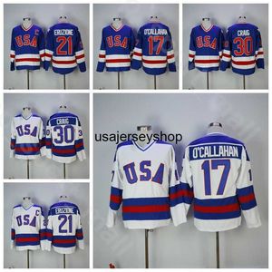 Maglia da hockey 1980 USA Ice 17 Jack Ocallahan Uomo Vintage 30 Jim Craig 21 Mike Eruzione Tutto cucito Blu Home Bianco