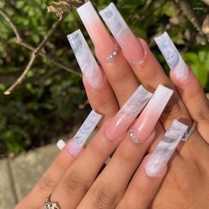 Falska naglar rosa lång kistin falsk nagel vit blommande tryck på tips konstgjorda med designlim franska