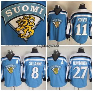 Hokey Jersey Mens Vintage 11 Saku Koivu 1998 Takım Finlandiya S 27 Teppo Numminen 8 Teemu Selanne Açık Mavi M-XXXL