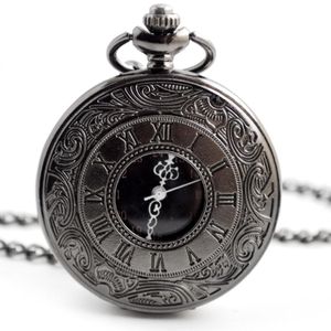 Retro Bronze Roman Numerals Quartz Pocket Watch Men Women Black Hollow Case Steampunk Vintage Pendant Necklace Clock Gifts